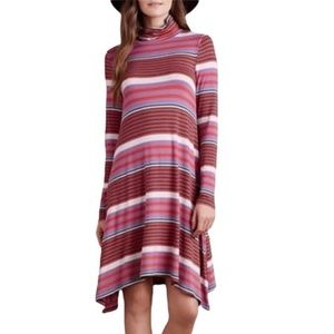 Anthropologie Maeve Red/Mauve/Black Striped Turtleneck Dress